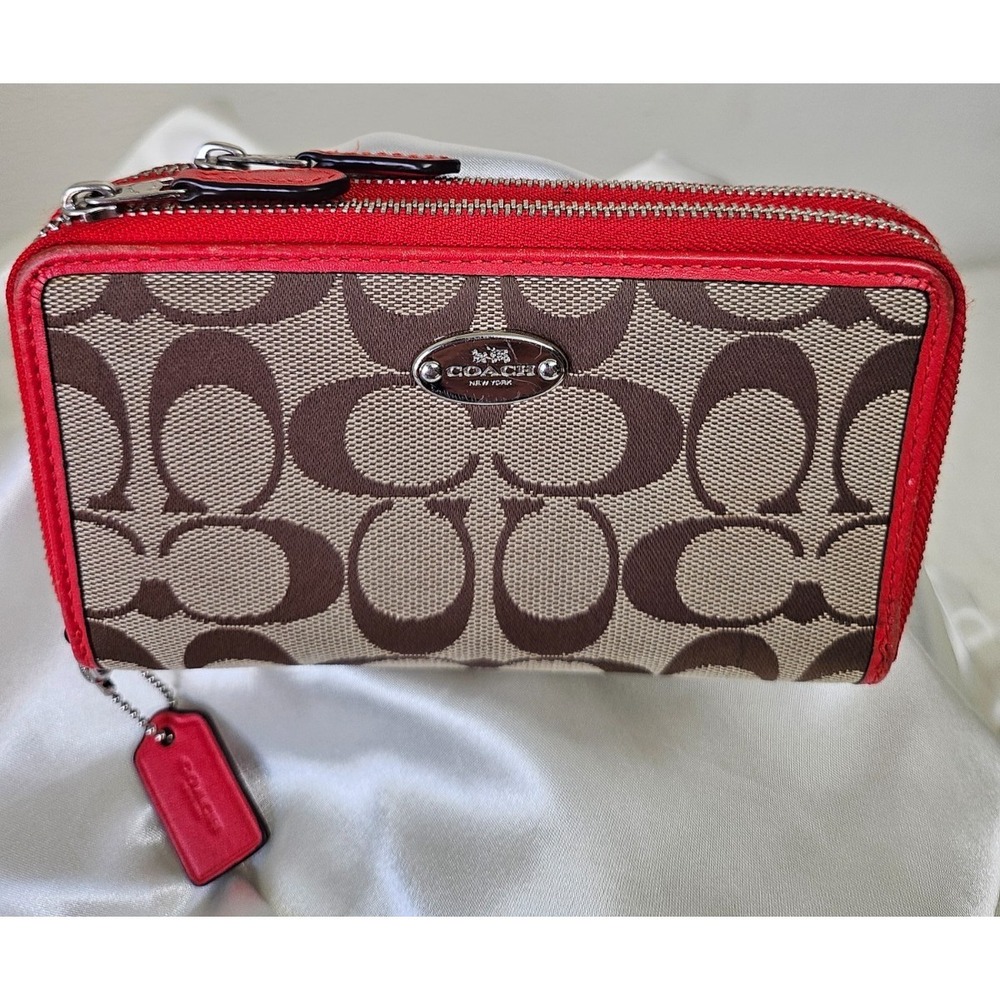 Coach DOUBLE Zip Medium Wallet Signature Canvas Brown with Red Leather Trim/Silv - Picture 2 of 11